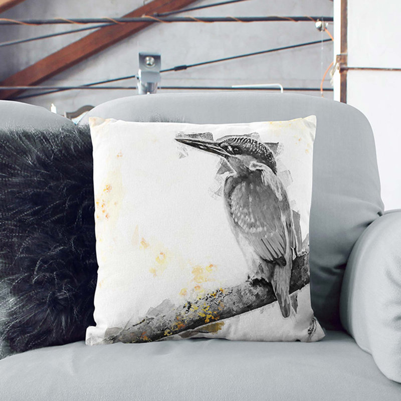 Kingfisher Bird on a Branch Cushion with Filling, White, 55cm H x 55cm W x 20cm D