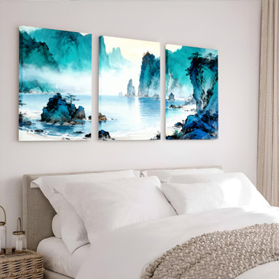 Misty Mountain Landscape, reproduction d'art sur toile tendue, ensemble de trois pièces pour le salon ou la chambre à coucher