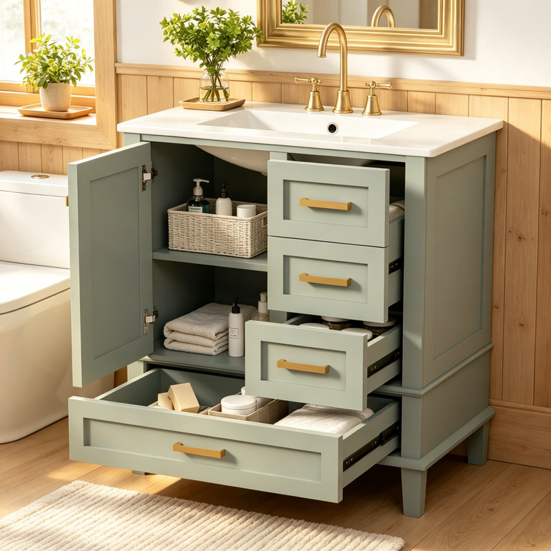 Meuble-lavabo moderne de 30 po avec lavabo, porte à fermeture douce et 3 tiroirs, structure en bois massif pour le rangement et le style