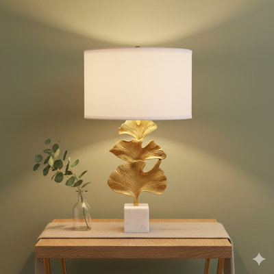 D17x30.2" Gold Ginkgo Leaf Table Lamp With Marble Base And White Drum Shade (Lamp Shade Assembly Required)