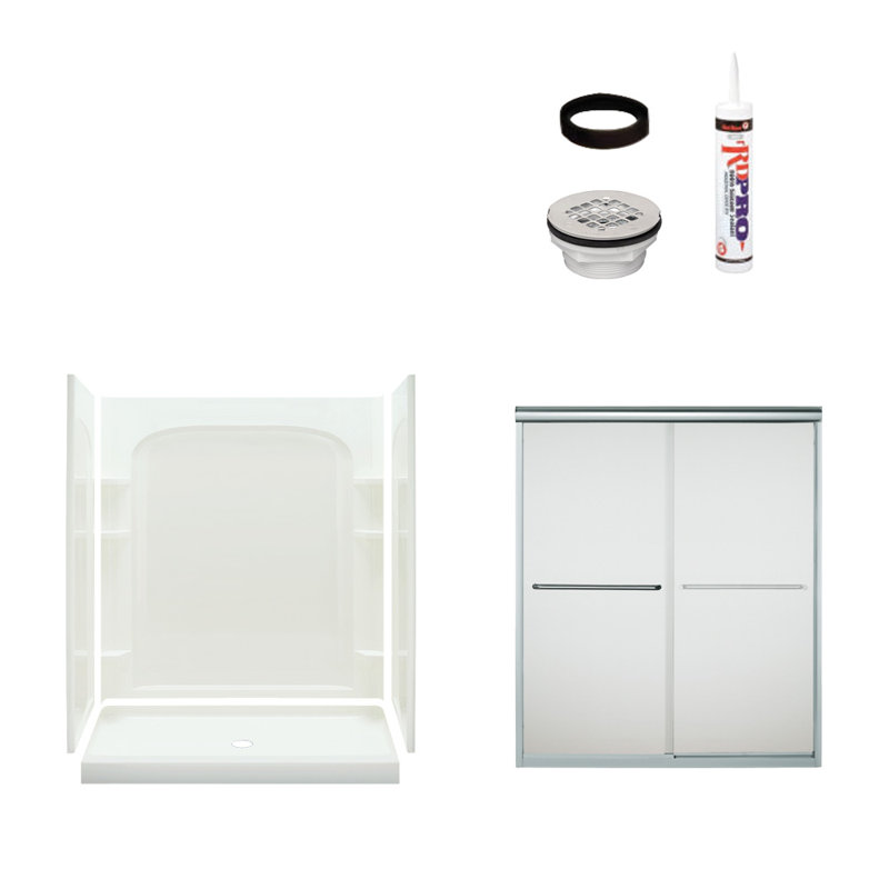 Cabine de douche rectangulaire encadrée coulissante avec base l 60 po x H 75,75 po Ensemble inclus, Chrome / Blanc