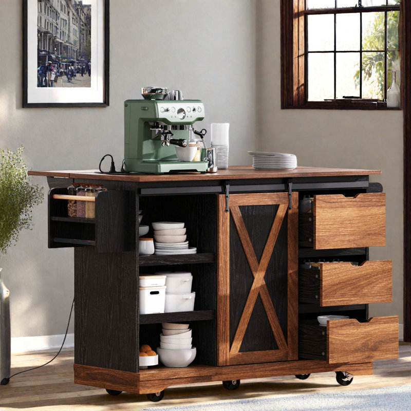 55.5" Wide Kitchen Island With Extendable Tabletop, Black/Brown