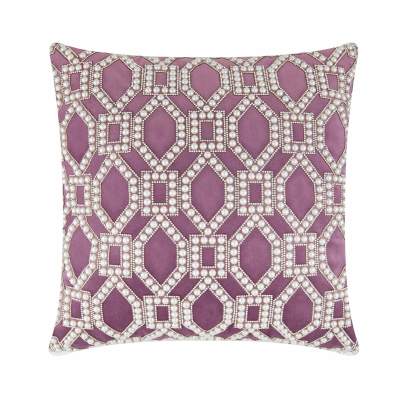Sparkles Home Pearl Lattice Velvet Throw Pillow | Faux Pearls, Rhinestones & Feather Inserts Included, Square 20", Lavender