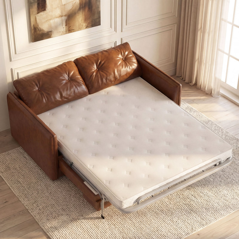 Modern 63" Faux Leather Pull-Out Sleeper Sofa with Mattress