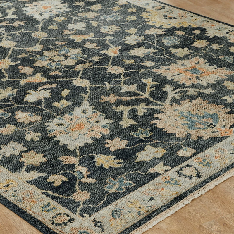 Amaris Charcoal Ivory Hand-Knotted Wool Area Rug, Rectangle 6' x 9'