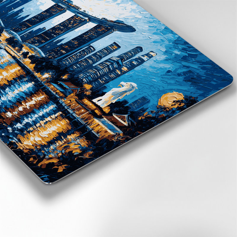Art mural bleu en cités avec villes de singapour, H 132 po x l 168 po x P 0,05 po