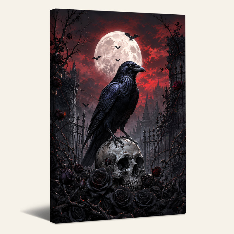 Art mural sur toile, corbeau noir perché sur un crâne sous la lune rouge, H 30 po x l 20 po