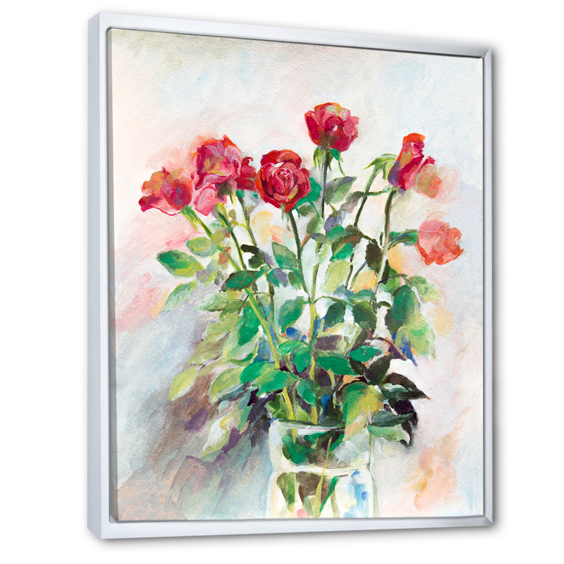 Pastel Summer Roses Vase - Peinture sur toile, H 36 po x l 24 po, Cadre flottant blanc