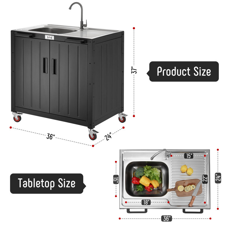 Freestanding Black and Stainless Steel Outdoor Sink Station with Cabinet