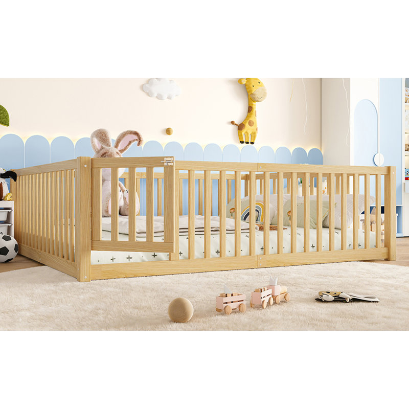 Lit de plancher pour enfants peu encombrant avec barrière de sécurité, bois de pin, espace de jeu naturel