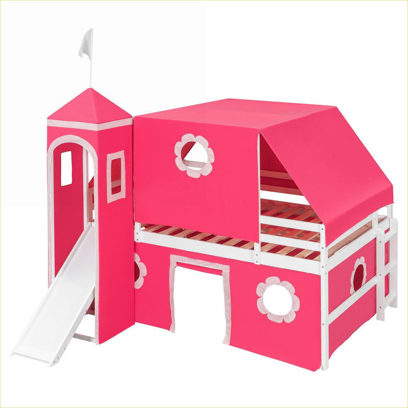 Lit mezzanine double pour chambre d'enfant, construction en bois massif d'inspiration château peu encombrante avec finition rose et glissade