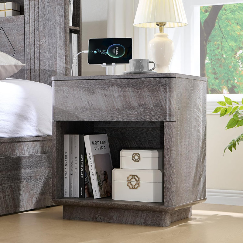 Table de chevet moderne avec station de charge, table de bout de 22 po de largeur avec tiroirs et tablette ouverte, Gris