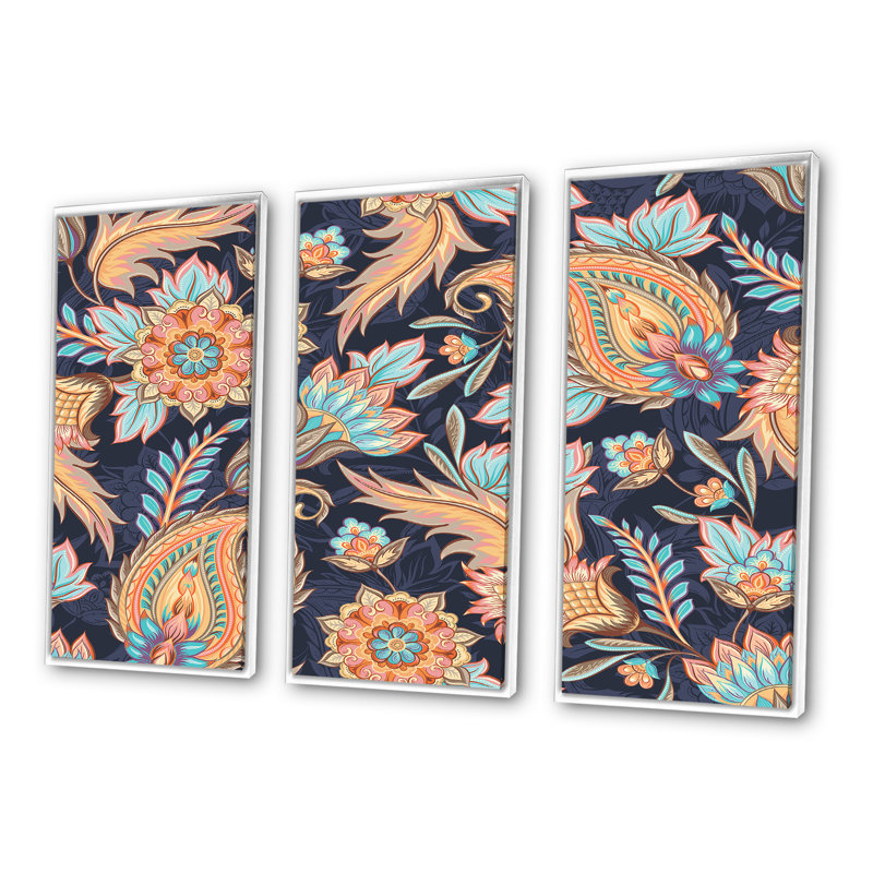 «Orange and Blue Paisley Flowers I», reproduction de cadre flottant 3 pièces sur toile, Cadre blanc