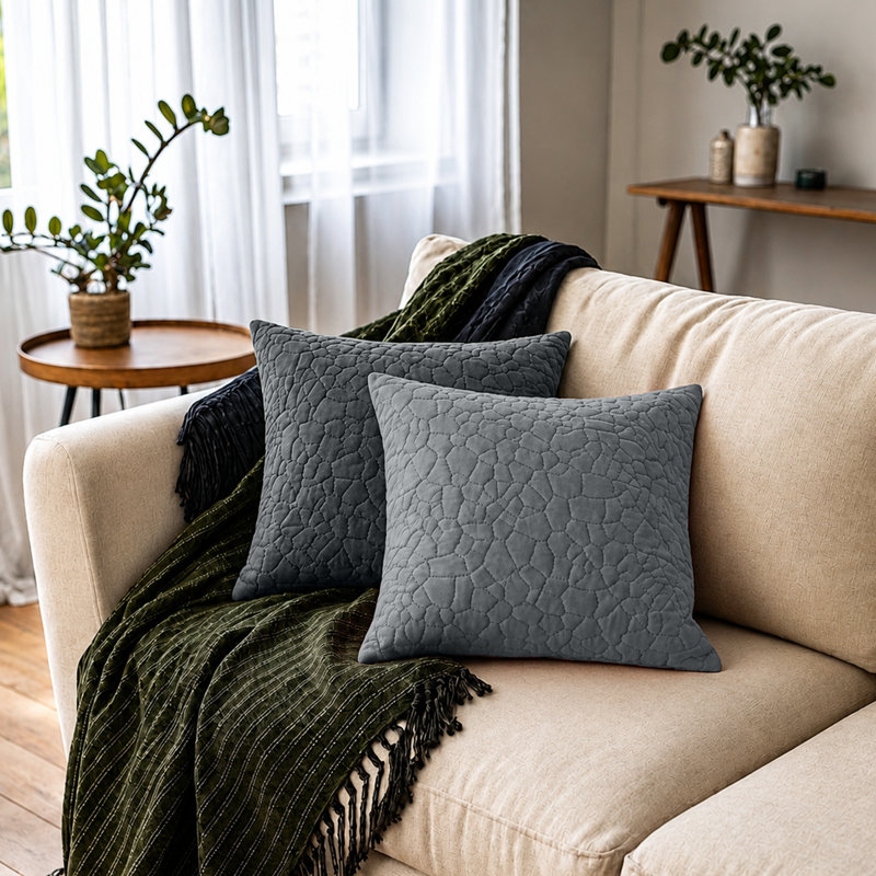 Luxury Pebbles Velvet Cushion Covers Set Of 2 Soft Throw Cushion Cases Sofa, Couch, Grey
