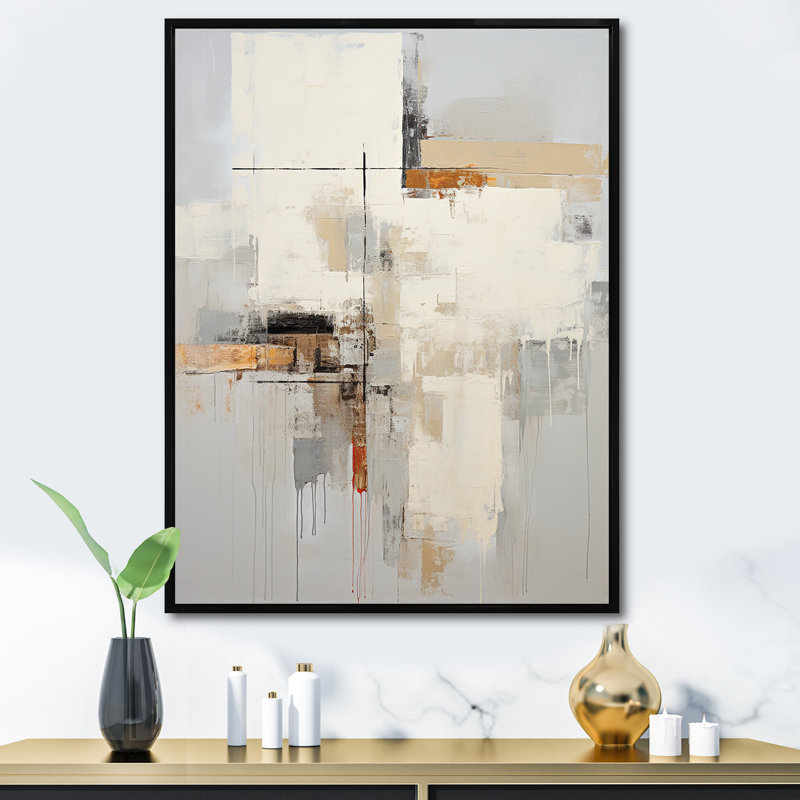 Art scandinave moderne beige et jaune, Cadre flottant noir, H 44 po x l 34 po