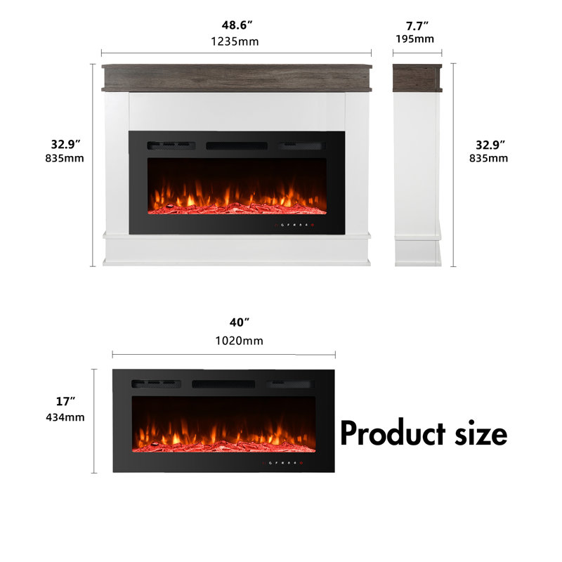 Foyer électrique autoportant de 124 cm avec manteau, insert ultramince de 102 cm, 12 couleurs de flammes DEL, 5 niveaux de luminosité, chauffage de 750 W/1500 W, télécommande, minuterie et protection contre la surchauffe
