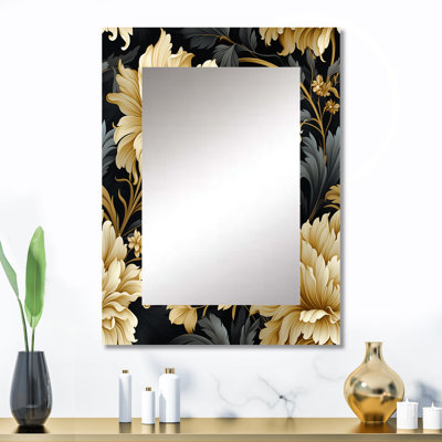Decambra Luxurious Black and Beige Flowers Damask - miroir damassé, miroir mural damassé unique, impression sur métal
