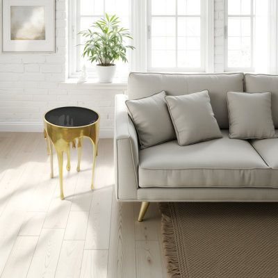 24.75" Modern Round Glass Top Side End Table with Melting Drip Design in Antique Gold Accent Table