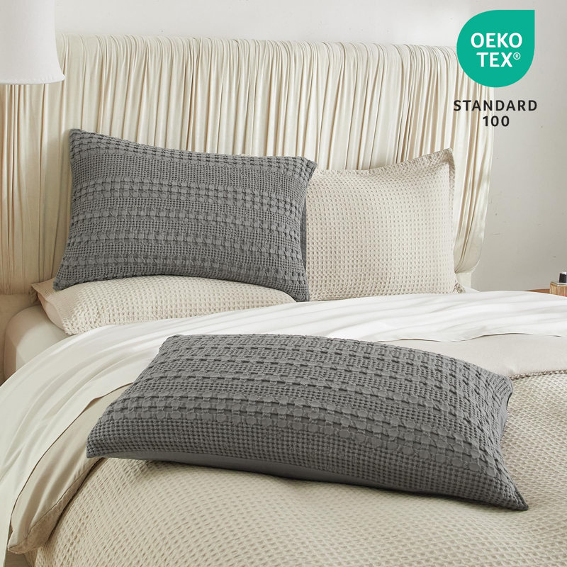 PHF 100% Cotton Ruffle Waffle Pillow Shams, 2 Pack Soft Skin-Friendly Bed Pillow Covers for Aesthetic Home Decor, Dark Grey