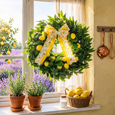 24 Inch Artificial Lemon Wreath, Spring Summer Yellow Fruit Bow Greenery Front Door Wall Decor