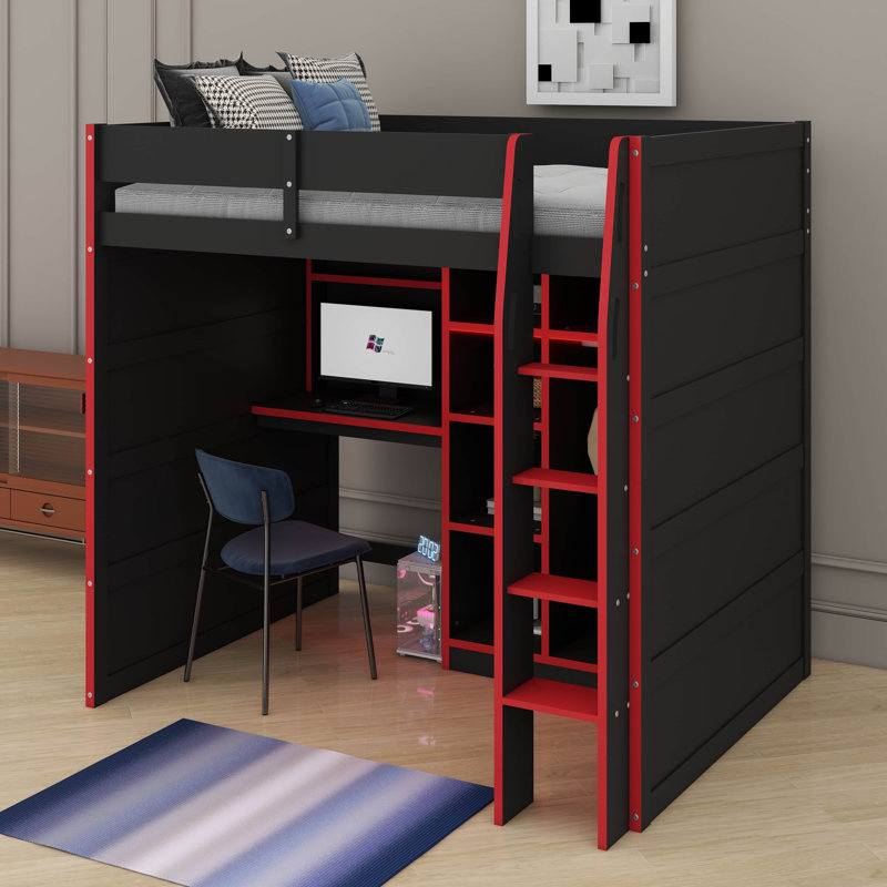 Lit mezzanine en bois pleine grandeur avec bureau, garde-robe ouverte et lumières RVB, Rouge
