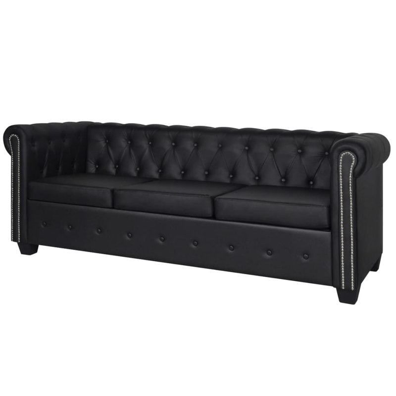 Chesterfield 3-Seater Artificial Leather Lounge Seating, Black Faux Leather