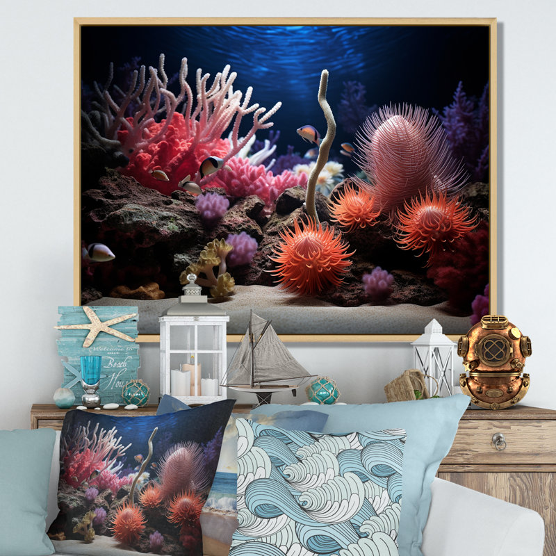 «Vibrant Coastal Coral Beauty», reproduction d'art sur toile, H 16 po x l 32 po x P 1 po, Cadre naturel flottant