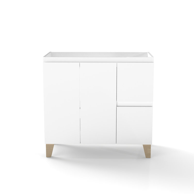 Meuble-lavabo moderne de 36 pouces avec 2 portes et tiroirs, fermeture en douceur, conception à poignée, finition blanche, pieds en bois, ajusté pour meuble-lavabo en céramique, meuble-lavabo à grands tiroirs, naturel