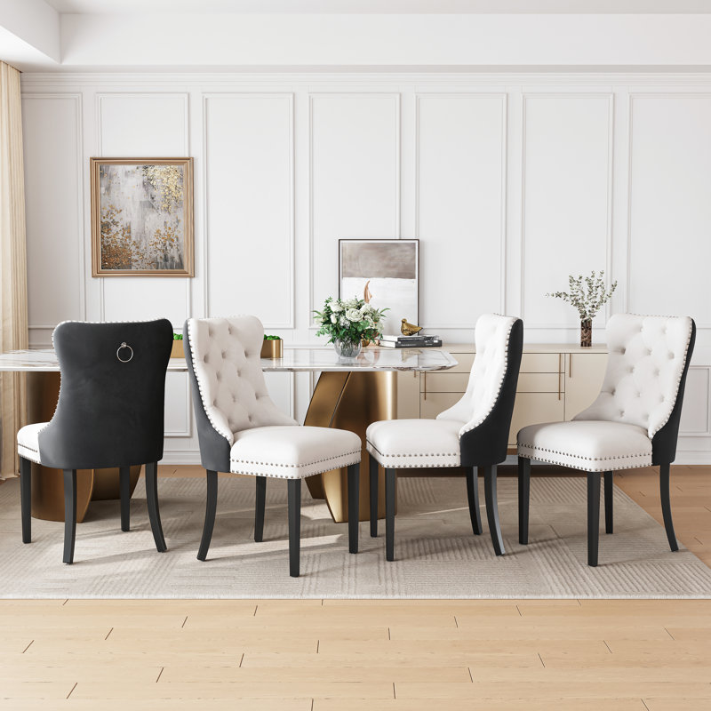 High-End Tufted Dining Chair Set, Velvet Upholstery With Nailhead Trim And Back Pull Ring, Solid Wood Legs, White/Black, 8