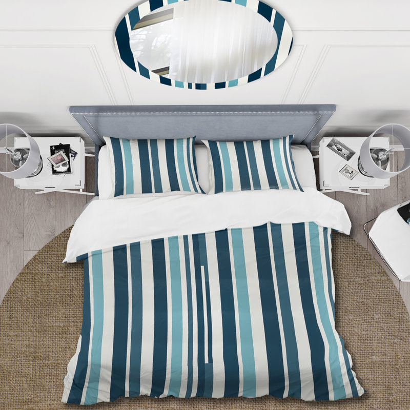 Literie de style nautique à rayures bleues, Housse de couette pour grand lit et 2 taies décor
