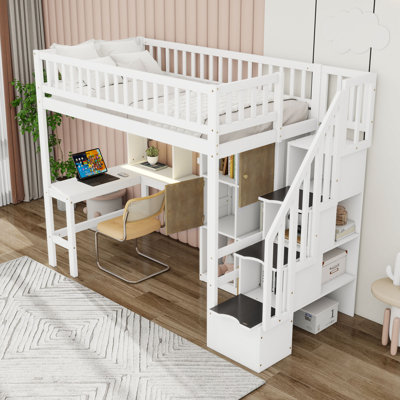 Twin Wood Loft Bed With Desk, Storage Shelves, Cabinets, Stairs And LED Light