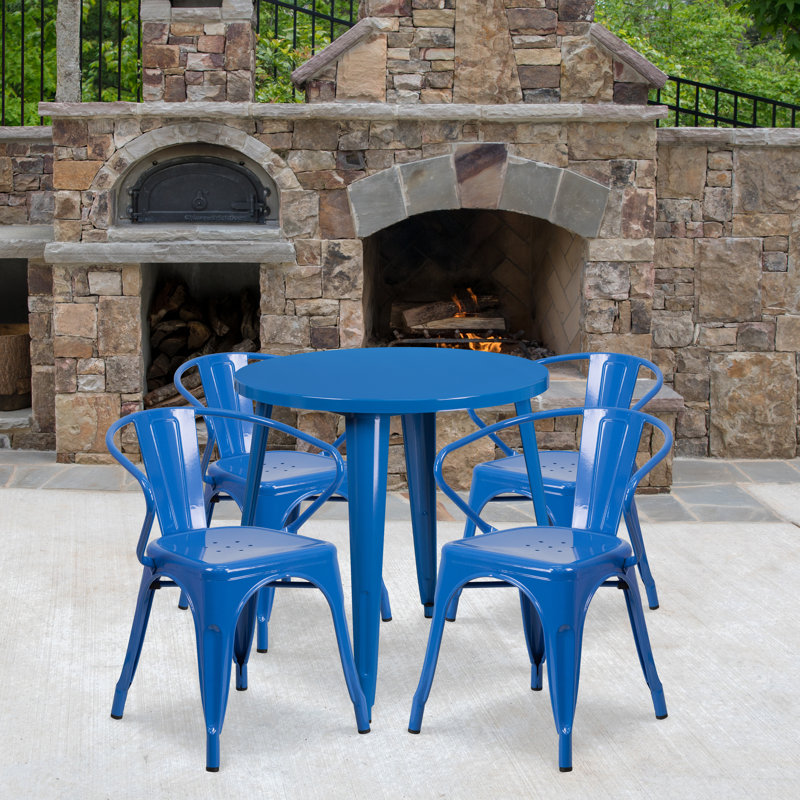 Cordele 24'' Round Metal Indoor-Outdoor Table Set with 4 Arm Chairs, Blue, 29.50" H x 30" W x 30" L