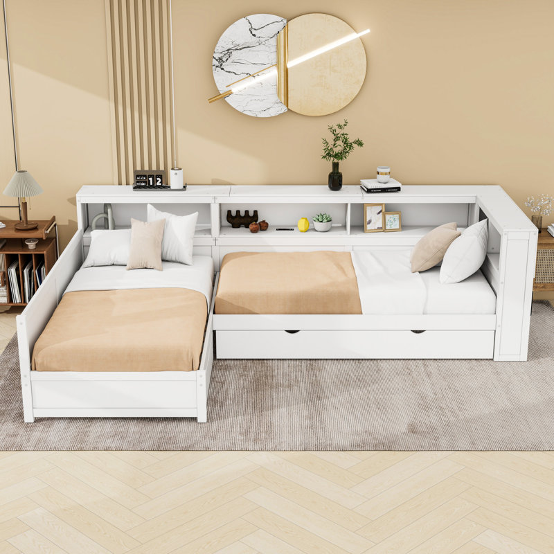 Lit plateforme simple en bois avec tablettes, tiroir, lit gigogne et station de charge, Blanc