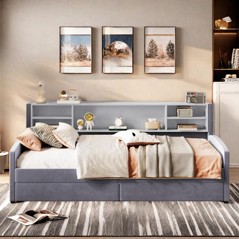 Upholstered Platform Bed with Storage Shelves and 2 Drawers Jamesburg, Gray
