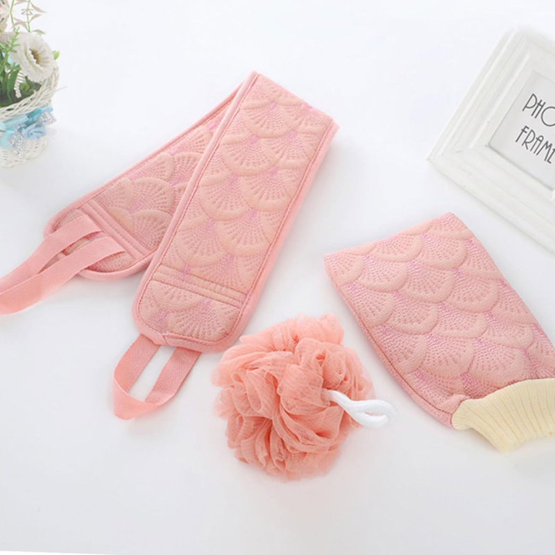 Bath Towel Exfoliating Set Of 3, Pink