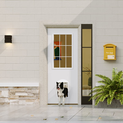 Porte d'entrée extérieure en bois massif blanc calme avec porte transparente pour chien en verre transparent 9-Lite et cadre magnétique ajustable, options gauche / droite