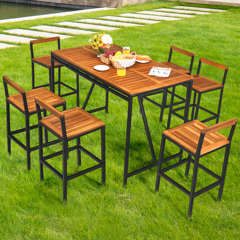 Latitude Run® 7 pièces Patio Rotin Bar Ensemble de tabourets à cadre en bois d'acacia