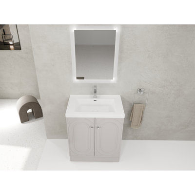 Meuble-lavabo de 30 po avec lavabo en résine. Aspect contemporain. Armoire à fermeture en douceur. Tablettes réglables. Poignées en métal. Contreplaqué robuste. Lavabo à finition kaki. Tablette moderne. Poutre