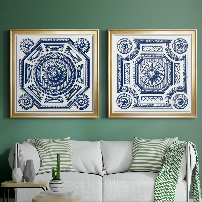 Indigo Medallion II - ensemble de 2 reproductions d'impressions, H 34,5 po x l 69 po x P 1,5 po, Toile encadrée d'or