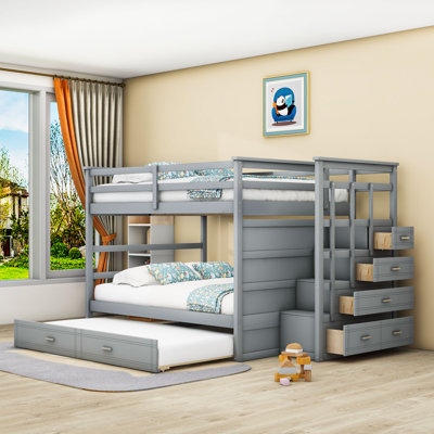 Wooden Bunk Bed With Multi-Functional Storage Staircase And Twin Trundle
