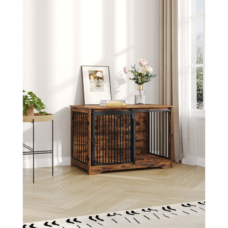 Dog Crate Furniture, Double Door Wooden Dog Crate with Barn Door, Indoor Kennel, End Side Table Animal Crates for Small Medium Large Dogs, Anti-Chew Anti-Escape