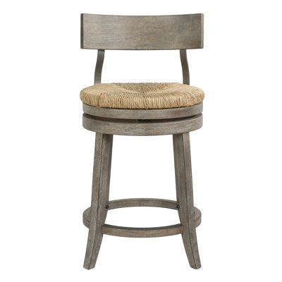 Tabouret de comptoir de 26 po de hauteur avec cadre gris récupéré, siège en ruppie naturelle, retour à 180 degrés, supports en acier noir, repose-pieds en métal, patins en plastique, pieds incurvés idéaux pour les bars à vin, largeur de 20 po,