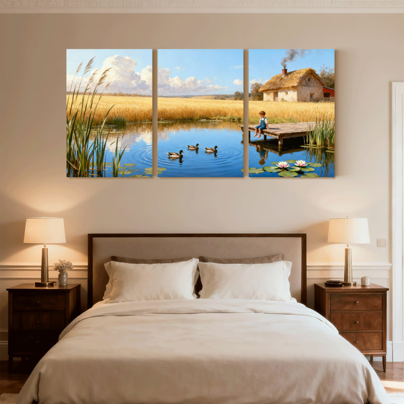 Ensemble de 3 reproductions d'art sur toile, "Peaceful Pond Scene With Ducks and Cottage", H 18 po x l 36 po