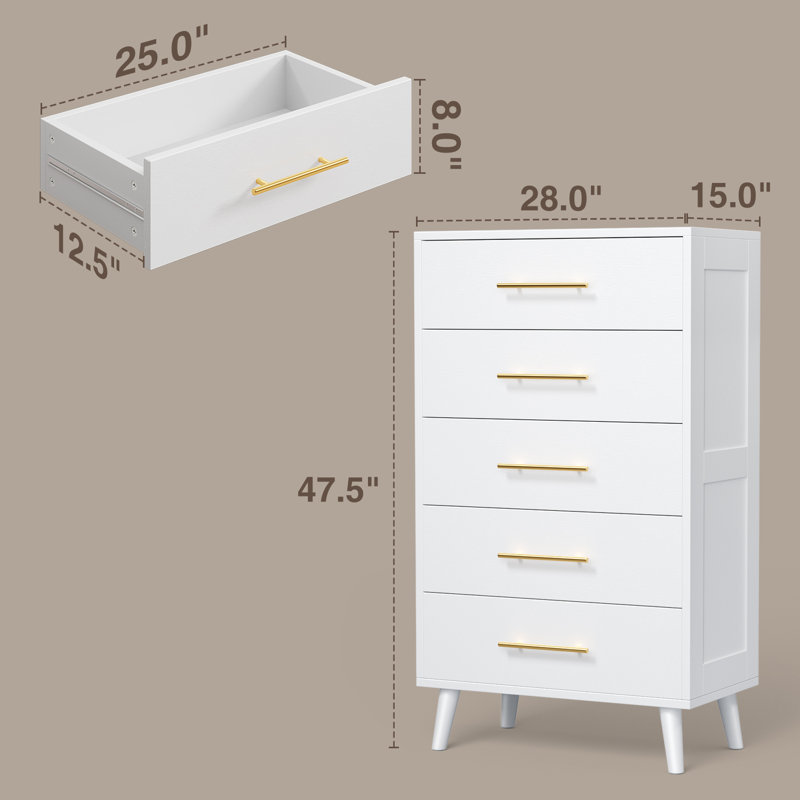 White 5-Drawer Dresser with Gold Handles and Deep Storage