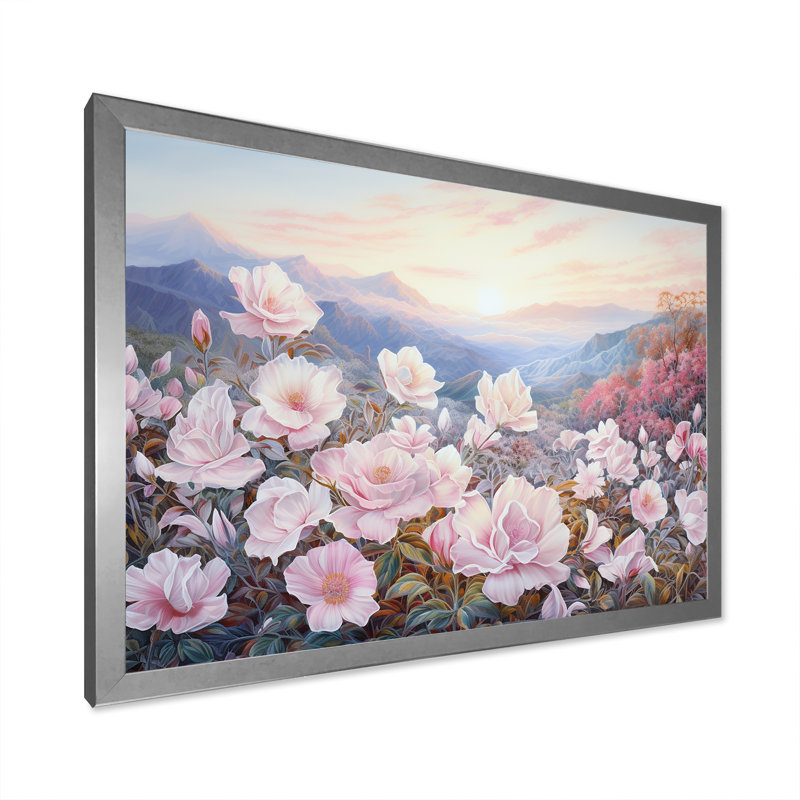 " Pink Roses Field In Mountain ", Silver Single Picture Framed, 12" H x 20" W x 1" D
