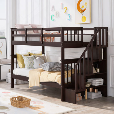Lit superposé simple au-dessus de simple avec rangement et garde-corps pour escalier pour chambre à coucher, dortoir, couleur espresso (ancien SKU: LT000109AAP)