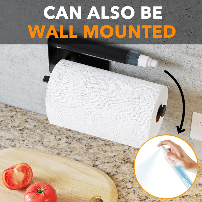 Porte-essuie-tout en vaporisateur 2 en 1 avec vaporisateur, rouleau de cuisine mural ou sous armoire, Noir