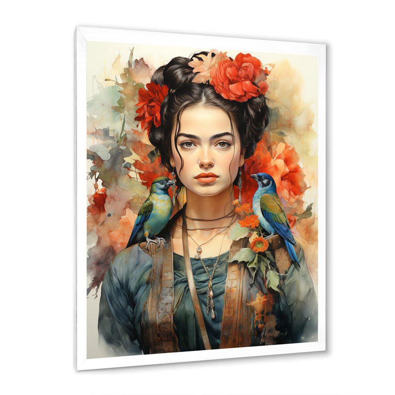 «Lynnete Coral Teal Mexico Art Selfportrait» avec - reproduction, H 20 po x l 12 po x P 1 po, Cadre photo blanc