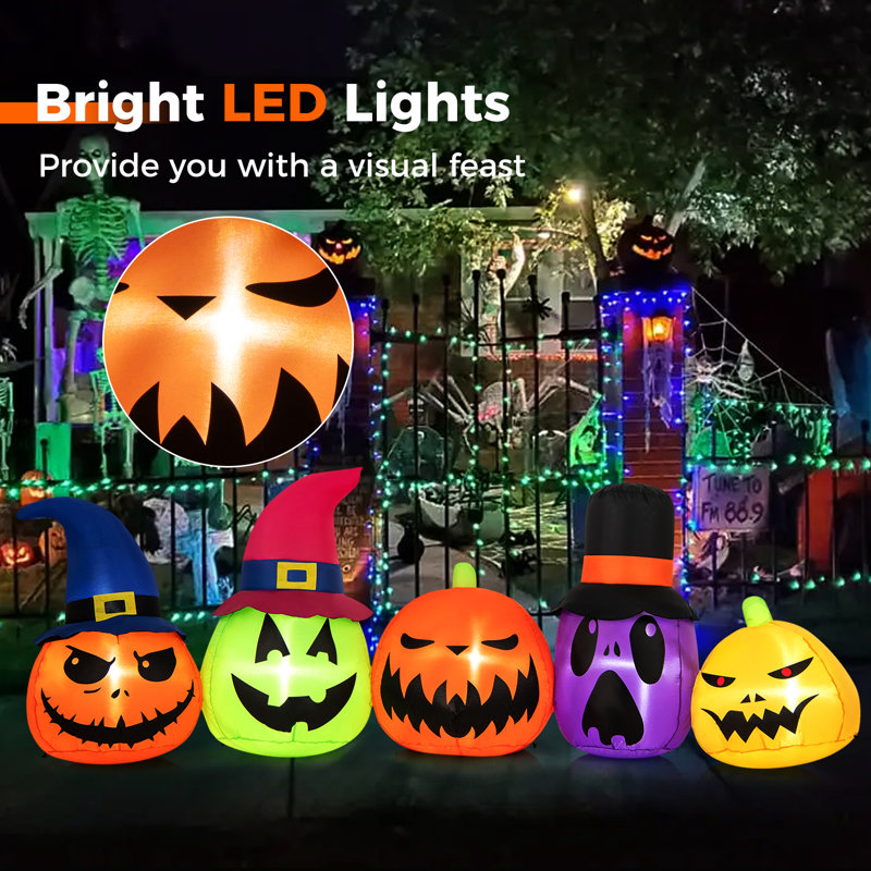 9 Ft Inflatable Multicolor Pumpkin Patch Family with LED Lights and Witch Hats
