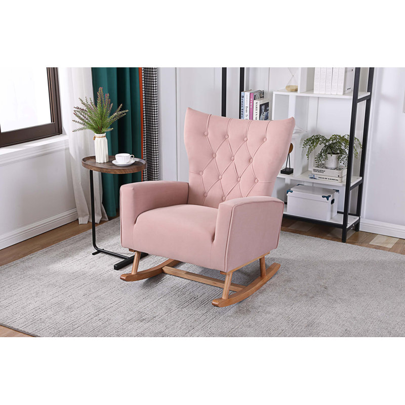 Chaise berçante en bois massif et manufacturé, Velours rose